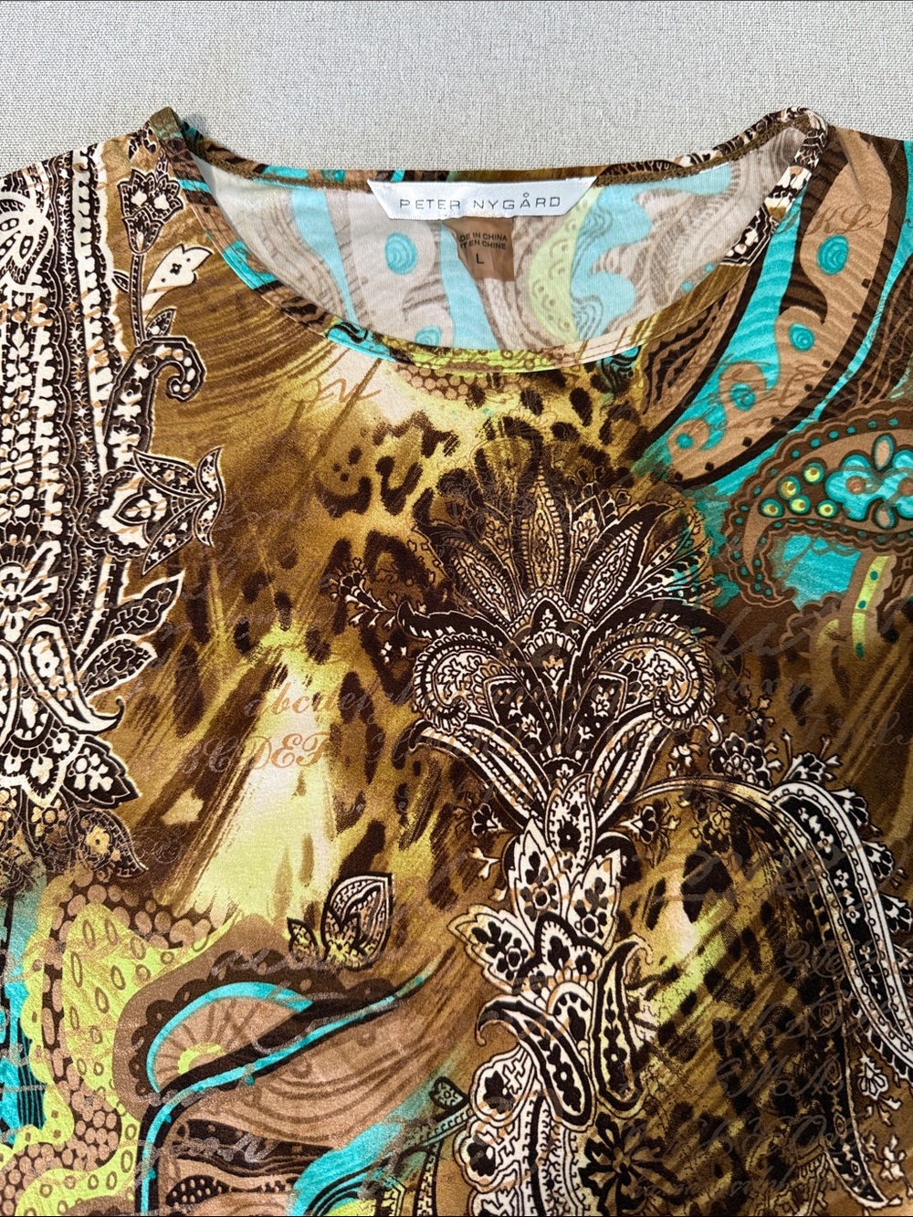 Peter Nygard Brown and Teal Paisley Animal Print 3/4 Sleeve Top SZL - Picture 12 of 14